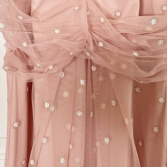 Adrianna Papell Glitter Dot Sheer Halter Neck Sleeveless Blush Pink Gown Size 12 - Picture 3 of 7